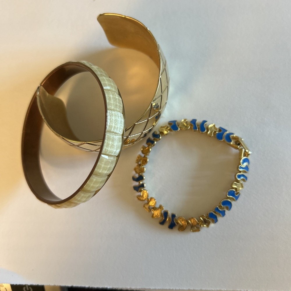 Jewelry Bracelet Lot Of Three Goldtone Cuff Goldtone & Blue CopperTone And Cream